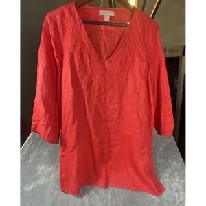 St. Tropez West Pink Embroidered 100% Linen‎ Tunic Top Medium Beach Resortwear